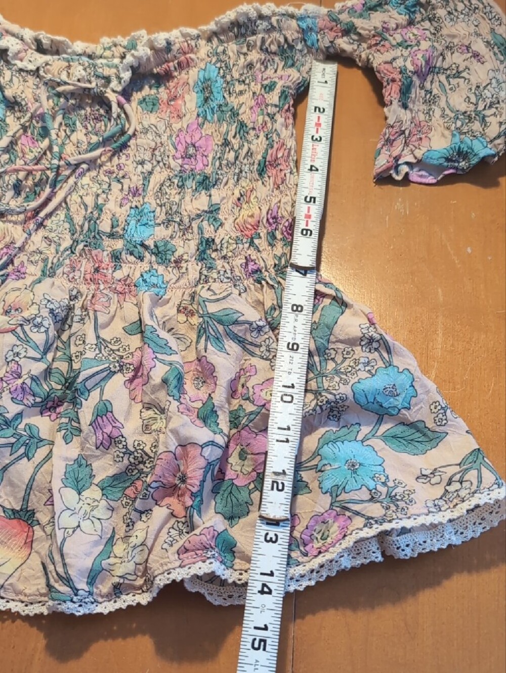 Spell Sayulita Cream Floral Smocked Off-Shoulder Top with Teal & Mauve Flowers - Picture 6 of 9